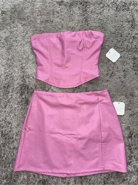 Pink Faux Leather Mini Skirt Set